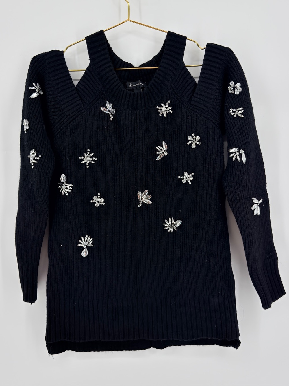 INC Black Rhinestone Embellished Cold Shoulder Sweater XL